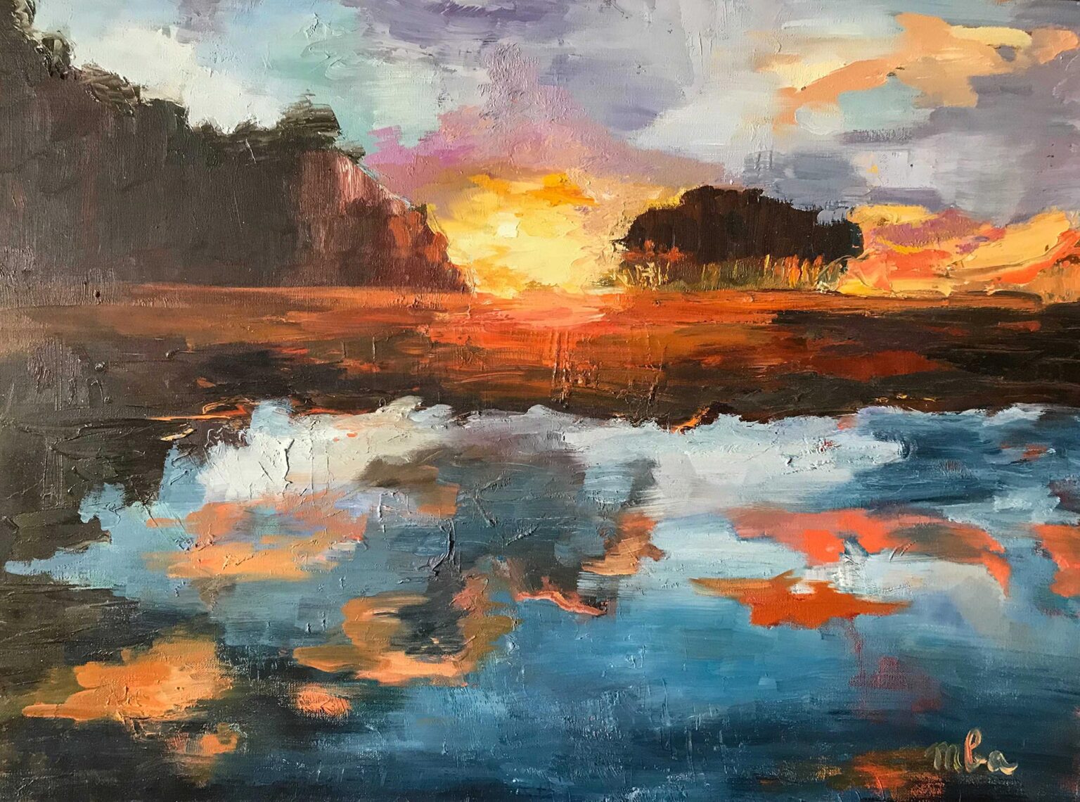 Peinture de Muriel Rose : coucher de soleil sur un lac